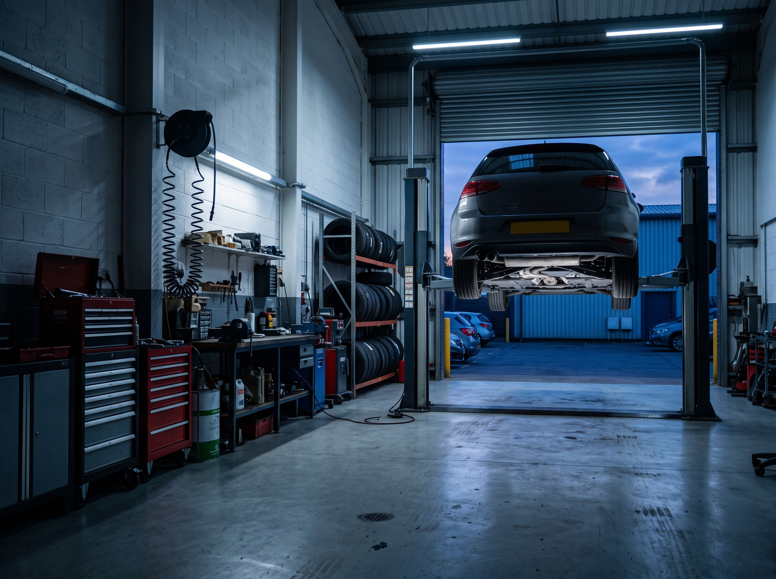 A car raised on a two-post lift inside a small workshop unit